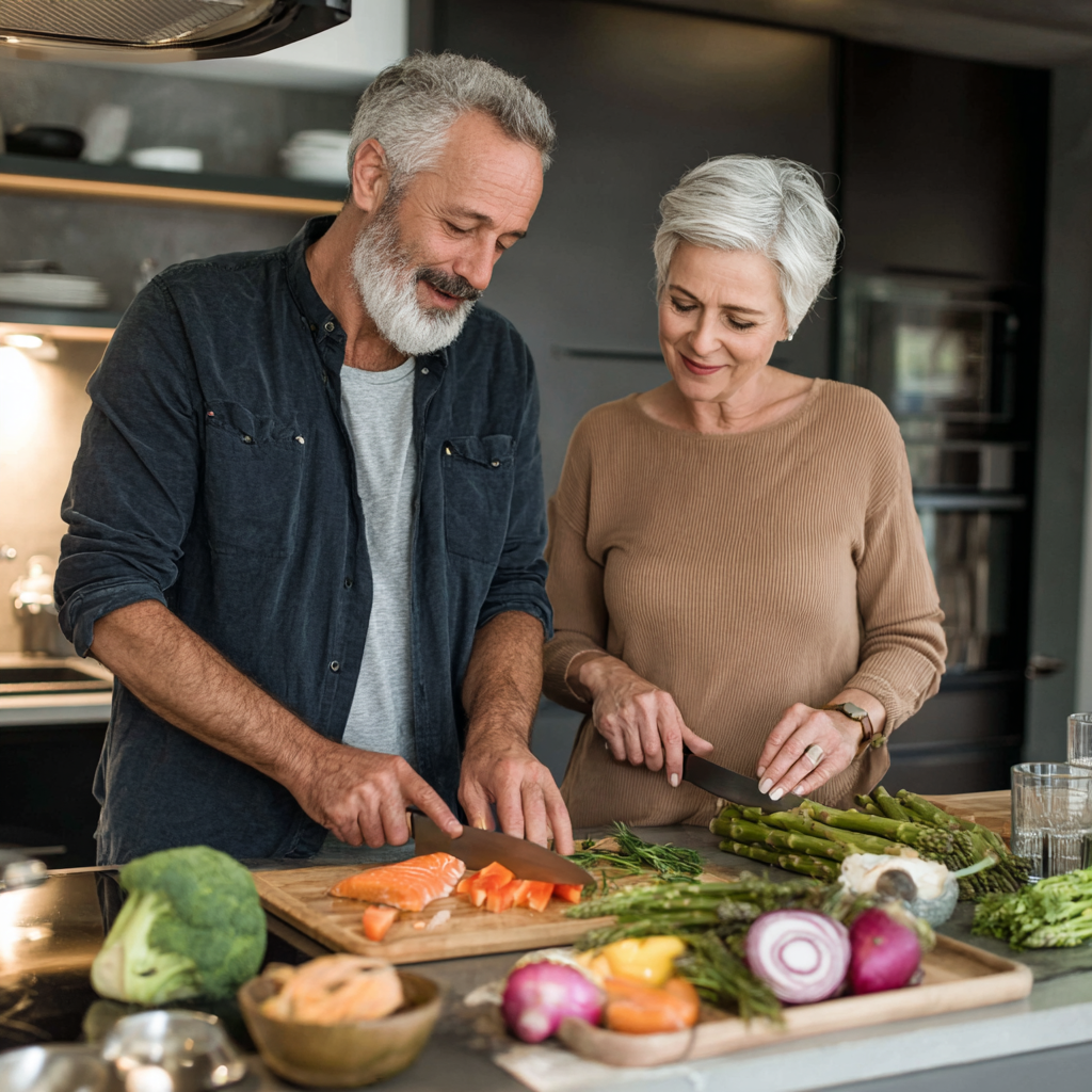 Mature adults preparing healthy nutritious meals together in a modern kitchen